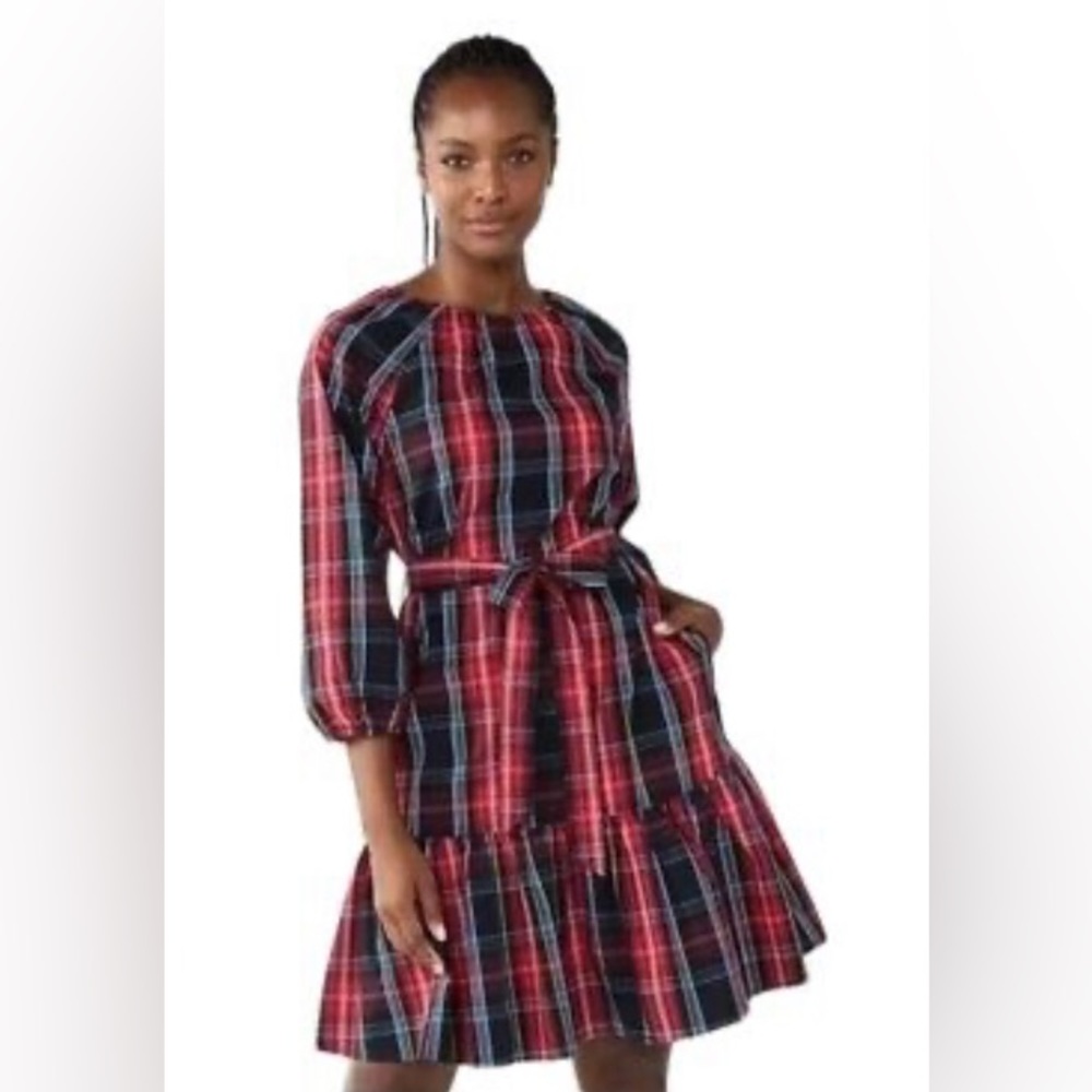 Draper James Red and Navy Plaid Belted Ruffle Hem Dress